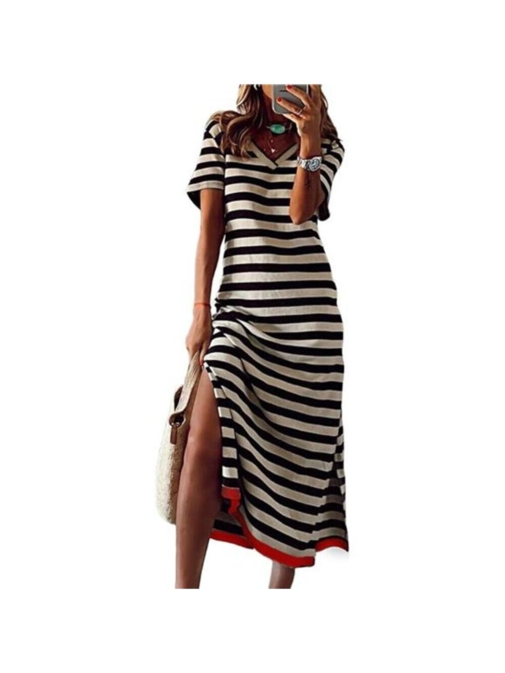 Women's Summer Short Sleeve Maxi Dress T Shirt Dress Striped Long Maxi D…